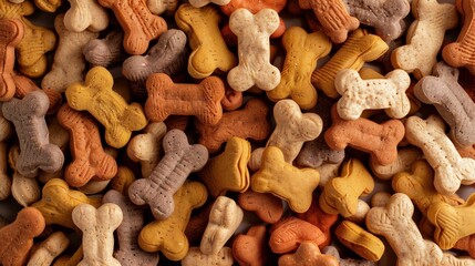 Close-up image of assorted colorful dog biscuits shaped like bones.