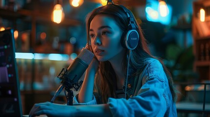 a young female social media influencer or video and photo media content creator sitting in front of the microphone in a cafe or at home preparing a podcast or editing a video material hyper realistic 
