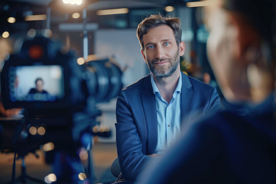 The professionalism of a newscaster as they speak directly to the camera, conveying vital information to viewers. This image captures the essence of media communication in a television studio setting.
