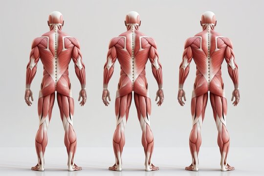 The muscular system of the backside of a full-length human being. Concept of human anatomy