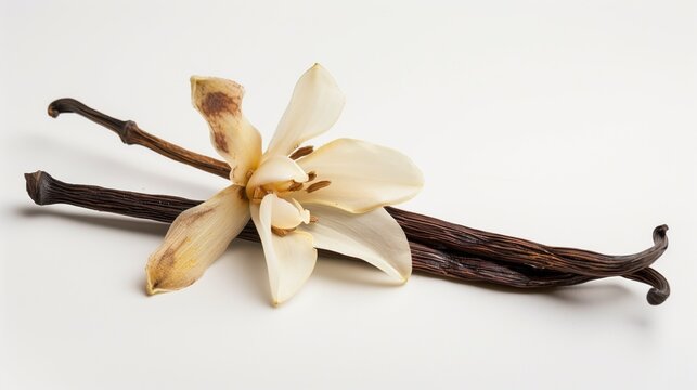 Close-up image of a wilted vanilla flower and several dried vanilla pods on a white background.