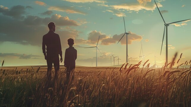 AI generative image back view of father and his son looking to the wind turbines in a steppe with Alternative energy concept hyper realistic 