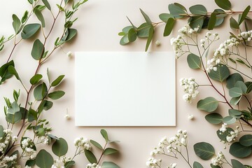 Mockup of wedding invitation with natural sprigs of eucalyptus and white gypsophila. Mockup of a blank card on beige background
