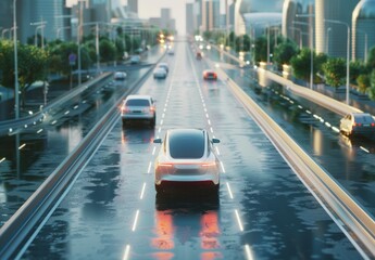 Fototapeta premium Self-driving 3D car navigates city highways, scanning for dangers and speed limits. Urban day view from front