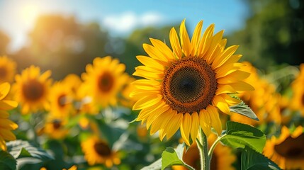 Bright yellow sunflowers. Concept of nature and landscape