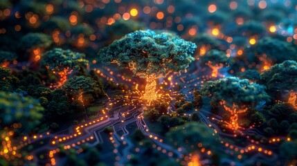 Illuminated Digital Trees on a Technological Terrain - Concept of Cyber Nature, Data Forest, and Virtual Ecosystems