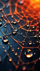 The image is a close-up of a spider web with water droplets on it