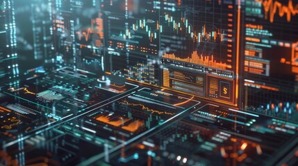 Futuristic Financial Data Visualization A holographic display of complex financial data indicating positive growth trends Great for tech-oriented investment firm promotions hyper realistic 