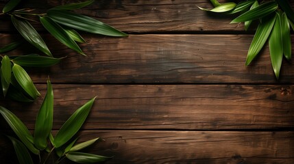 Green leaves decorating the borders of a rustic dark wooden planked background.