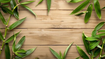 Fresh green bamboo leaves scattered across a warm light brown wooden plank background.