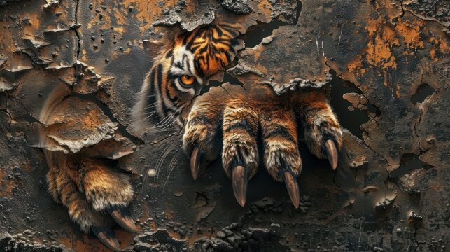 The claws of the tiger hands tore through the iron wall AI generated image