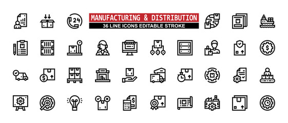 36 Manufacturing and Distribution Line Icons Set Pack Editable Stroke Vector Illustration.