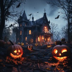 Fototapeta na wymiar Halloween background with pumpkins and haunted house - 3D render. Halloween background with Evil Pumpkin. Spooky scary dark Night forrest. Holiday event halloween banner background concept 