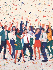 Obraz premium Happy diverse employees team celebrating success business achievement among confetti. 
