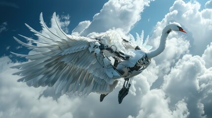 White swan cyborg robot is flying in the beautiful sky AI generated image - obrazy, fototapety, plakaty