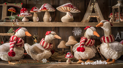 A festive display featuring plush geese with red and white striped scarves, wooden shelves, mushroom-shaped decorations and greenery, creating an atmosphere filled with joyous spirit during the Christ