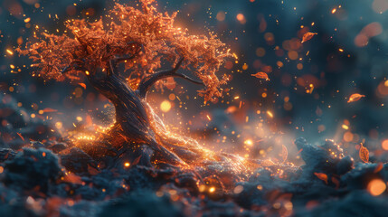Illuminated fiery tree with falling leaves in a mystical forest, Concept of fantasy, magic, and vibrant life force