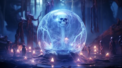 The image is showing a magic crystal ball on the pedestal in the middle of the misty forest.