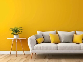 Scandinavian interior design of modern living room, home. Cozy sofa with grey and yellow pillows and side table near yellow and grey wall with copy space. 