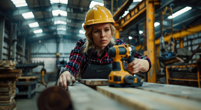 Female carpenter using drill on wood in workshop, woman working with power tool at factory or studio, female worker wearing hard hat and workwear for safety while doing wooden furniture production - Powered by Adobe