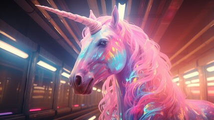Fantasy meets reality, a unicorn at a subway station, close-up, ambient lighting, high angle, pastel color palette, Psychedelic funk art style