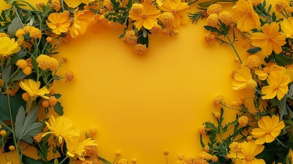 A vibrant composition of yellow flowers and green leaves framing a solid yellow background with ample copy space.