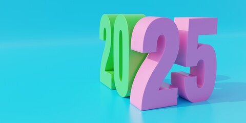 2025 new year, green and pink digit on blue background. Greeting card empty with space. 3d render