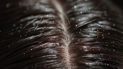 Close-up photograph of a greasy scalp, focusing on the oily hair roots, providing a detailed view of the scalp condition typically associated with excess sebum production.
