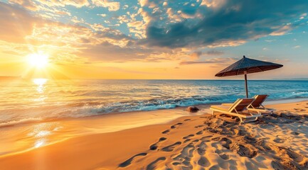 Une plage de sable doré, des chaises longues avec parasol sur le rivage d'une île exotique au coucher du soleil.