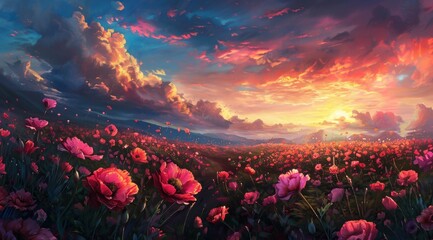 Un champ de fleurs avec un magnifique coucher de soleil fantaisiste et colorée dans un ciel nuageux, avec des couleurs roses et rouges.