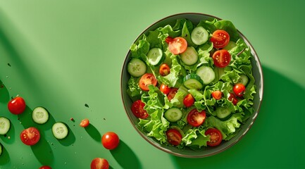 Assiette de salade colorée avec des tomates, des concombres et de la laitue sur un fond vert, vue de dessus. 