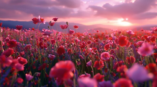 Un champ de fleurs avec un magnifique coucher de soleil fantaisiste et color&eacute;e dans un ciel nuageux, avec des couleurs roses et rouges.