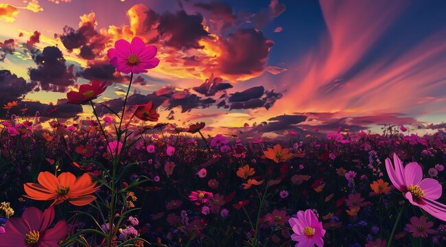 Un champ de fleurs avec un magnifique coucher de soleil fantaisiste et color&eacute;e dans un ciel nuageux, avec des couleurs roses et rouges.