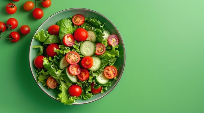 Assiette de salade color&eacute;e avec des tomates, des concombres et de la laitue sur un fond vert, vue de dessus, image avec espace pour texte.