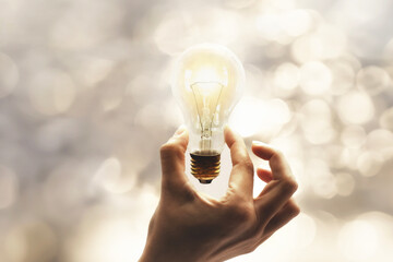 person holding  a  surreal light bulb in his hand, concept of idea and energy