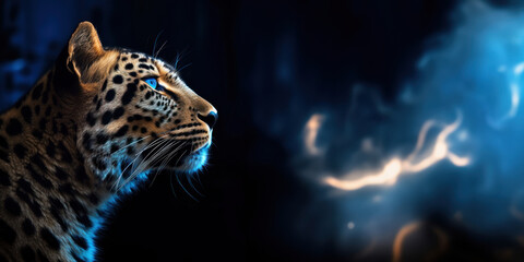 Portrait d'un léopard de profil regardant à droite, sur fond coloré bleu foncé avec lumière et fumée, image avec espace pour texte.