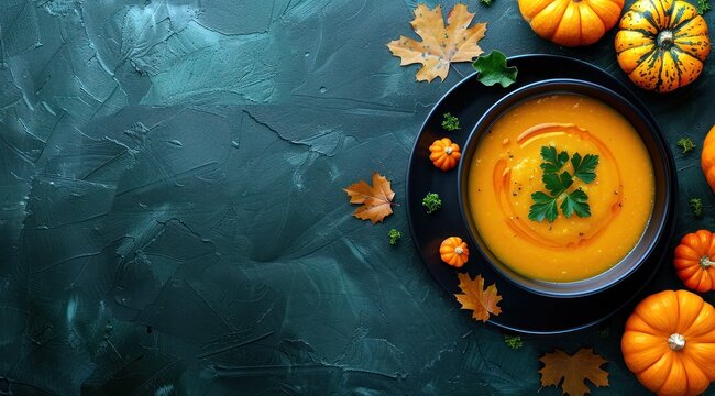 Un bol de soupe de potiron sur une assiette noire, entour&eacute; de petites citrouilles et de feuilles sur un fond en ardoise, image avec espace pour texte.