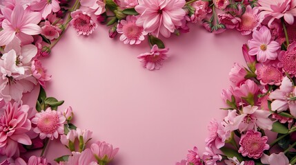 A vibrant floral frame with various pink flowers on a soft pink background, perfect for Mother's Day.