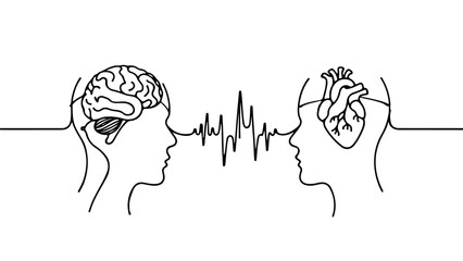 A continuous line drawing of a human brain connected to a human heart