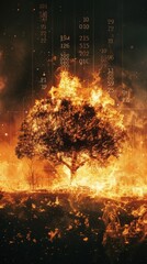 Lone tree engulfed in flames within a digital storm, depicting nature's resilience against technology