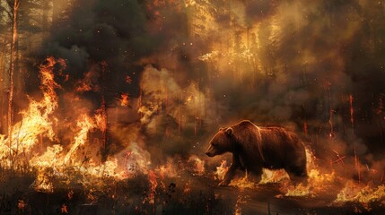 Bear wandering through a fiery landscape, a symbol of endurance amidst environmental adversity