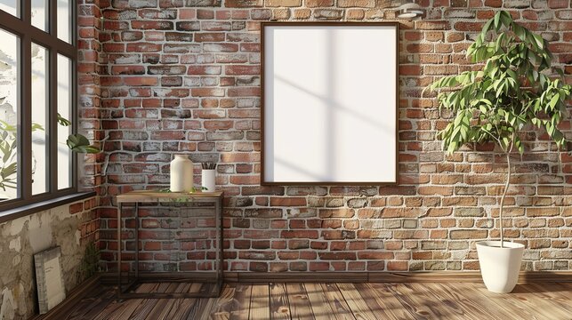 A mockup of a calendar mounted on a brick wall, rendered in 3D.