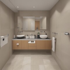 Rectangle master bedroom bathroom, beige wallpaper on walls, two independent rectangle mirrors, natural teak wood furniture, calacatta marble cover, two round ceramic sinks, black mixer taps, next to 