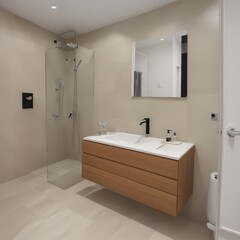 Rectangle master bedroom bathroom, beige wallpaper on walls, two independent rectangle mirrors, natural teak wood furniture, calacatta marble cover, two round ceramic sinks, black mixer taps, next to 