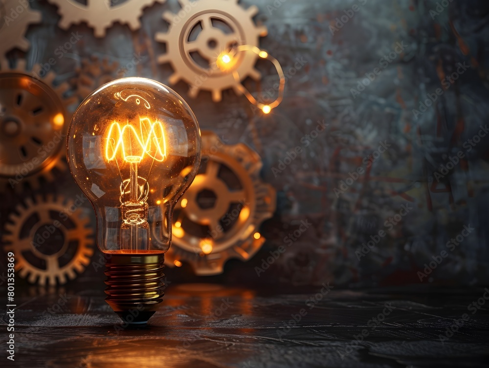 Poster illuminated bulb surrounded by gears representing business concepts and inner workings