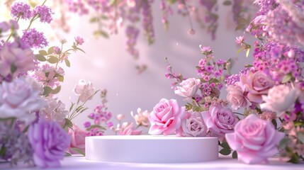 Pink flowers and roses on a white podium.