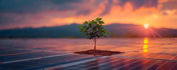 Flourishing Tree Symbolizing a Cleaner Greener Future on Solar Energy Farm