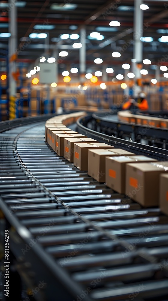 Poster efficient conveyor belt sorting rows of packages in a distribution warehouse for streamlined e comme