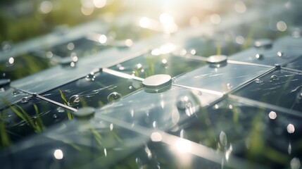 solar panels reflecting the sun's light onto a dew-covered meadow. The droplets of dew should sparkle like diamonds, adding to the magical ambiance.