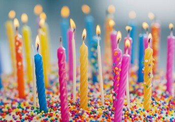 Birthday cake adorned with colorful sprinkles and twenty-one candles; celebrating joyfully. 